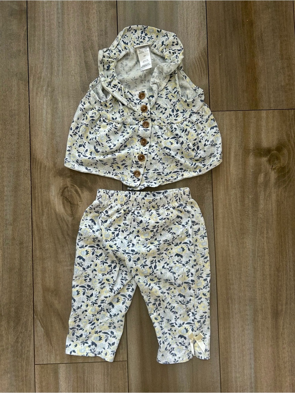 Nicole Miller Cream Floral Kids Pants Set with Navy & Yellow Accents